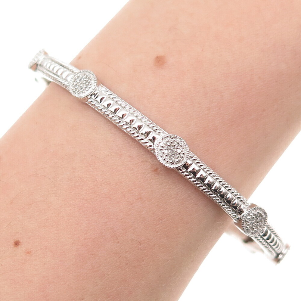 Leslie 925 Sterling Silver Real Round-Cut Diamond Station Bangle Bracelet 8.25"